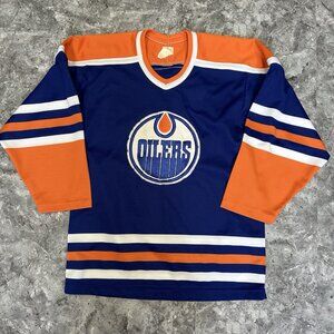 Vintage Edmonton Oilers Hockey Jersey Size Small NHL Blank Blue Orange Maska